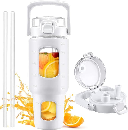 BLUEGO 40oz Glass Tumbler with Lid and Straw, Glass Water Bottles with Handle, Glass Cup with Time Marker and Silicone Sleeve, Fits Most Cup Holder, Leak-proof, White