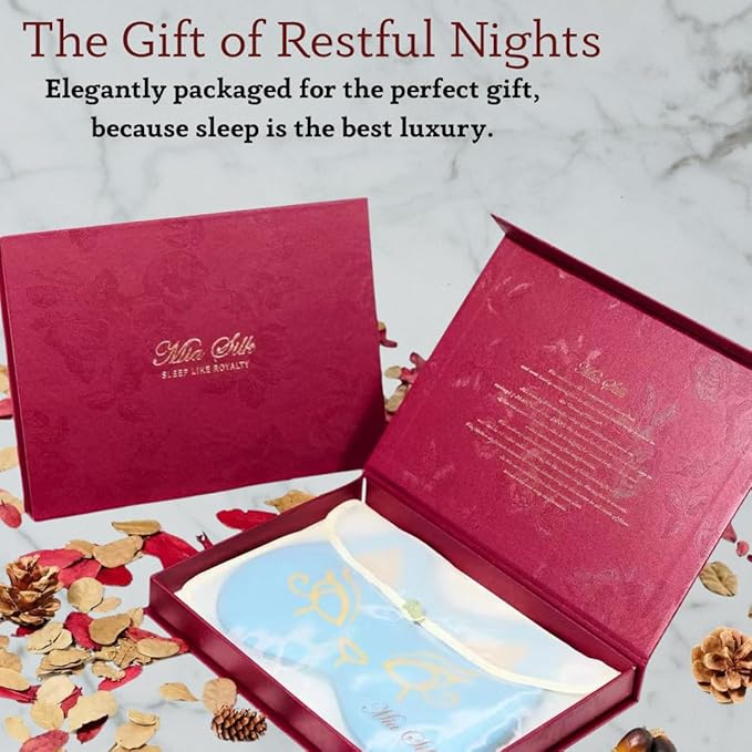 Silk Sleep Mask Blindfold Eye Mask for Sleep Cute Cat Print Embroidered Eye Cover Adjustable Oversized Egyptian Bastet with Gift Box&Pouch（Nefertari Blue-Elastic Strap）