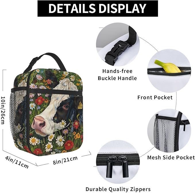 Cow Lunch Box for Women Men, Insulated Lunch Box Reusable Portable Lunch Bag Cooler Tote Waterproof Lunch Container for Office Picnic Work Travel