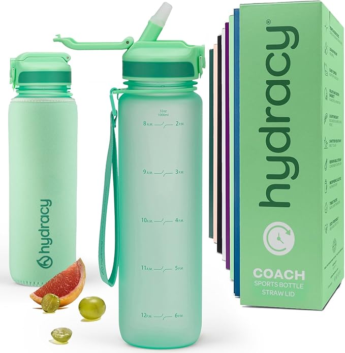 Hydracy Water Bottle with Time Marker -Large BPA Free Water Bottle & No Sweat Sleeve -Leak Proof Gym Bottle with Fruit Infuser Strainer & Times to Drink -Ideal for Fitness Sports & Outdoors