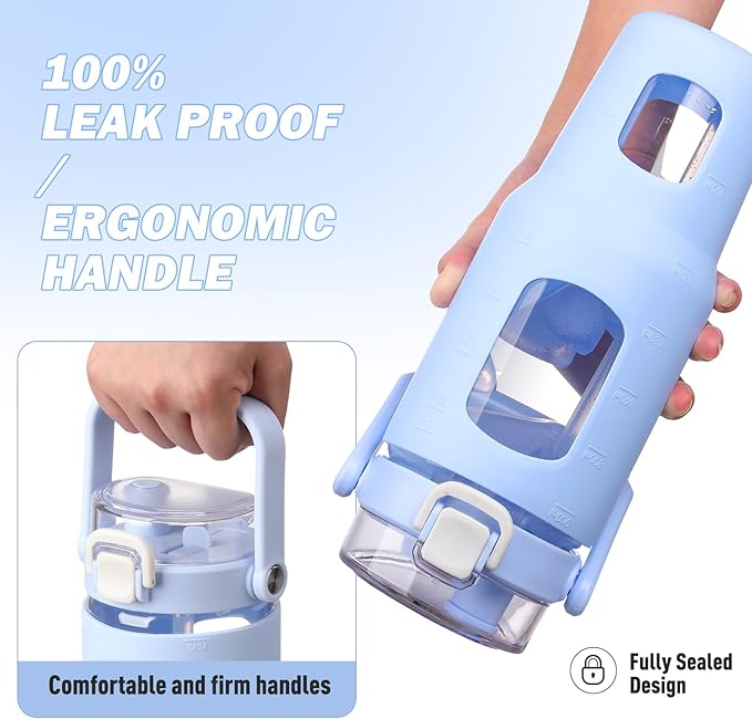 BLUEGO 32oz Glass Water Bottles with Straw Time Marker Half Gallon Large Motivational Water Bottle with Silicone Sleeve 2 Liter Large Glass Water Jug for Gym, Sports& Workout, Daily, Light Blue