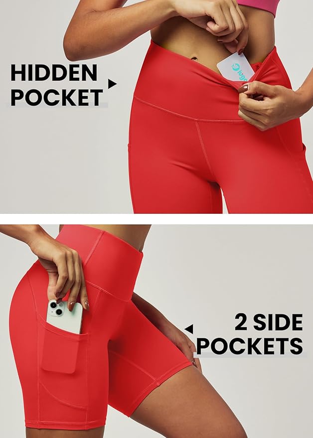 IUGA Biker Shorts Women 6" Tummy Control Workout Shorts Women with Pockets High Waisted Yoga Running Gym Spandex Compression