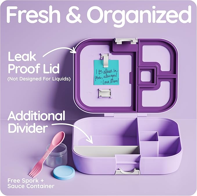 YOOPI Bento Box for Kids, Leak-Proof, BPA-Free School Bento Lunch Box Containers with Compartments. Online Healthy Meal Planning, Durable, Easy-Clean, Eco-Friendly Lunchbox for Girls (Lilach)