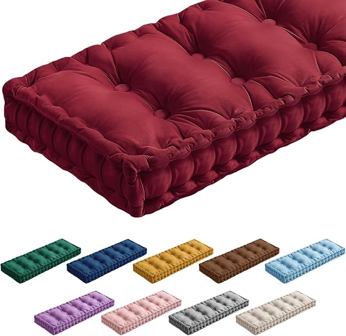 Bench Cushions for Indoor Furniture 42x16 in Velvet Kitchen Dining Piano Window Seat Cushion, Tufted Patio Porch Swing Thicken Bench Pad Memory Foam for Christmas Decor(Dark Red)