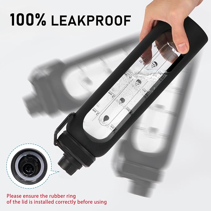 Glass Shaker Bottle 34oz/1L Black Glass Protein Shaker Bottle With Shaker Ball Large Shaker Bottles for Protein Mixes Portable Powder Mixer Blender Water Bottle for Gym Workout Sports