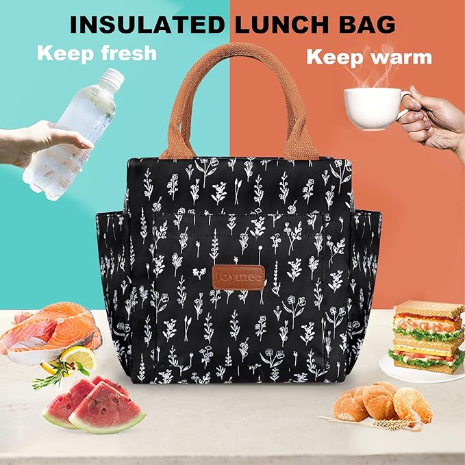 Joymee Lunch Bag Women Insulated Lunch Box Reusable Leakproof Large Cooler Tote for Womens Mens Adults with Bottle Holder and Side Pockets for Work Office Picnic - White Little Flowers