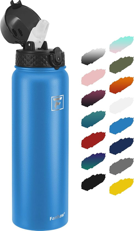 Fanhaw 32 Oz Stainless Steel Insulated Sports Water Bottles with Straw for Kids, Men and Women (Sky Blue)