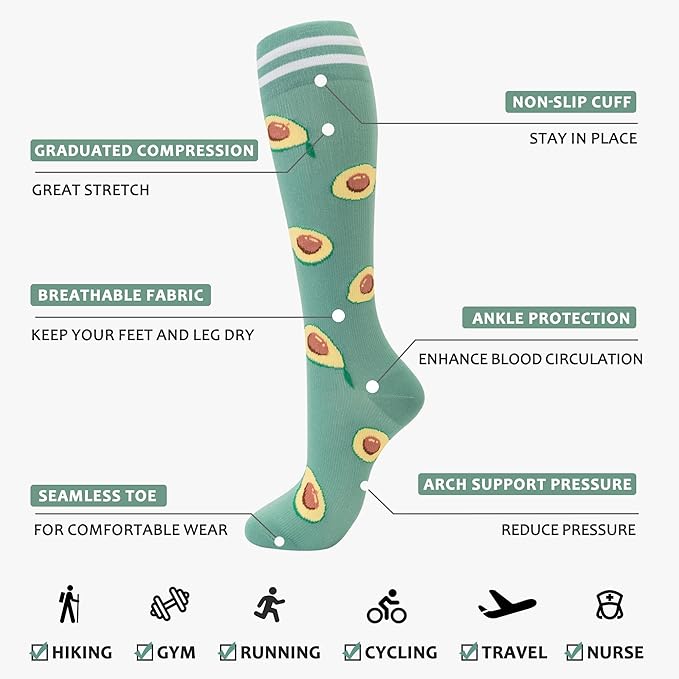 fenglaoda Compression Socks Women Men 4 Pairs, Knee High Support Socks for Running, Sports, Travel, Flight, Nurse