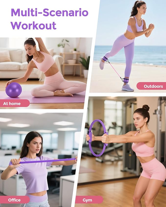 Pilates Essentials Kit for Women, 14-Inch Magic Circle Home Pilates Equipment with Pilates Ring and Ball Set, 5 Resistance Bands & Accessories for Home Workouts Beginners Essentials Starter Set