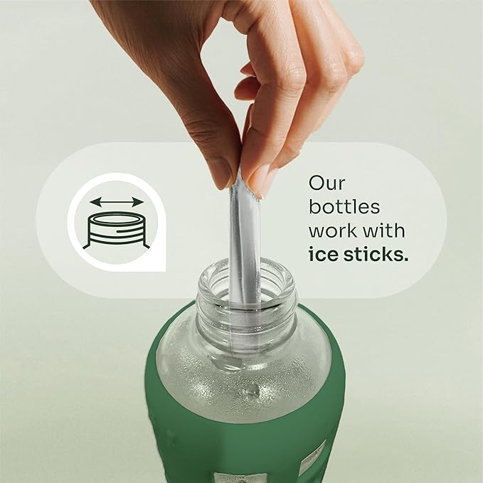 purifyou 40oz / 32oz / 22oz / 12oz Borosilicate Glass Water Bottle with Time & Volume Markers, Silicone Sleeve, Stainless Steel Lid | Reusable Glass Bottle for Water & Juice (22oz Shale Green)