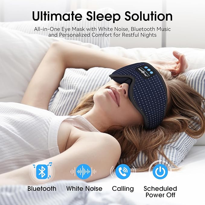MUSICOZY White Noise Sleep Mask Headphones with 16 Soothing Sounds, Bluetooth Sleep Mask 3D Wireless Music Sleeping Headphones for Side Sleeper