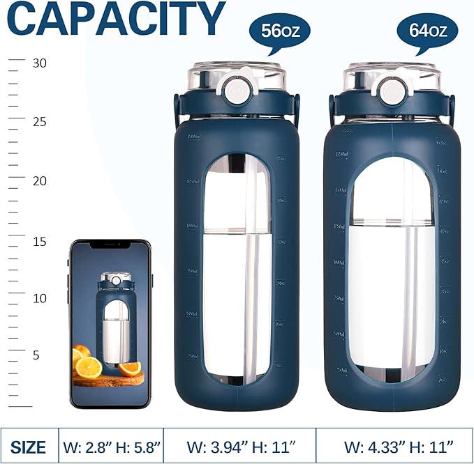 BLUEGO 64oz Glass Water Bottles with Straw Time Marker Half Gallon Large Motivational Water Bottle with Silicone Sleeve 2 Liter Large Glass Water Jug for Gym, Sports& Workout, Daily, Dark Blue