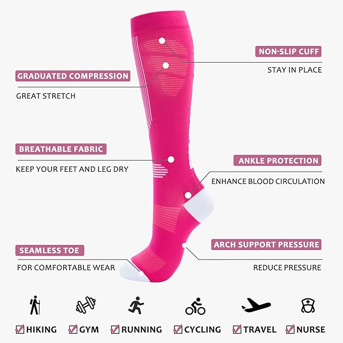 fenglaoda Compression Socks Women Men 4 Pairs, Knee High Support Socks for Running, Sports, Travel, Flight, Nurse