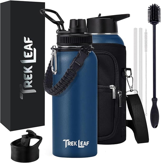 Travel Water Bottle with Carrying Bag, 3 Lids (Spout, Straw, Flip), and Bottle Brush; Leak Proof, Quality, Vacuum Insulated, Stainless Steel (Navy Blue, 32 oz)
