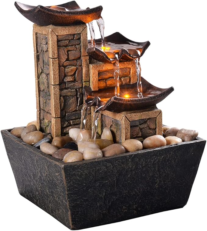 GOSSI Indoor 3-Tier Relaxation Tabletop Fountain Simulation Stone Pillar Water Fountain Soothing Sound Meditation Fountain with Natural River Rocks and Reflective Lighting Feature