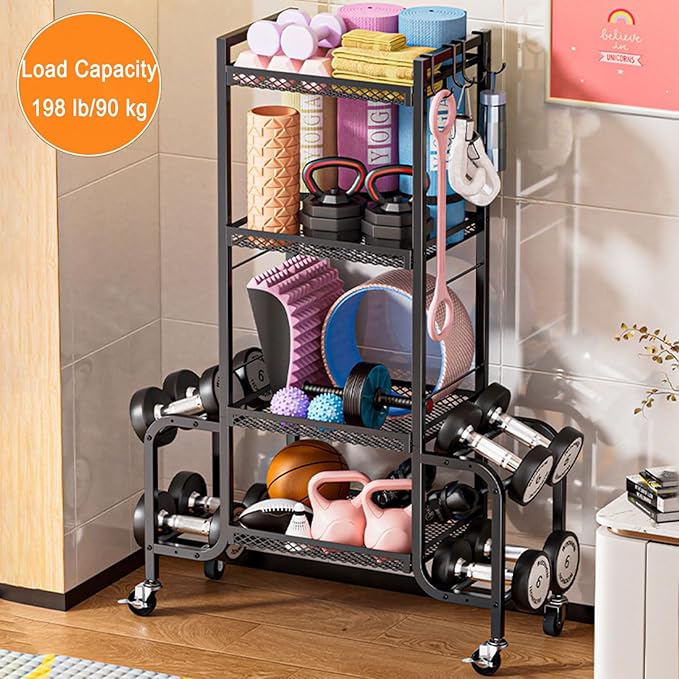 Dumbbell Rack, Adjustable Weight Rack with Hooks and Rolling Wheels, Workout Equipment Storage, Home Gym Storage for Dumbbell Yoga Mat Foam Roller Kettlebells Resistance Bands