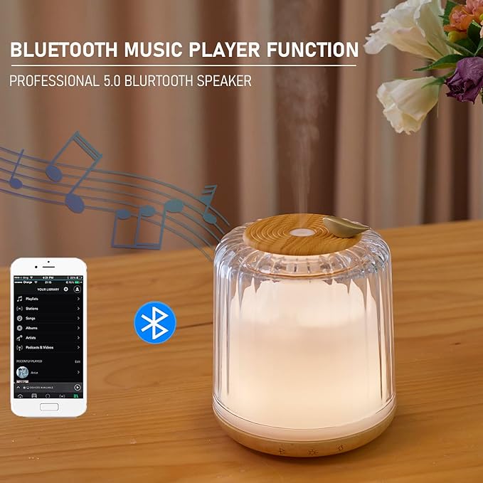 Essential Oil Diffusers, Glass and Real Wood Base Ultrasonic Aromatherapy Diffuser Aroma Defusers for Home Large Room 230ml with Bluetooth Speaker Music Player Colorful Led Light
