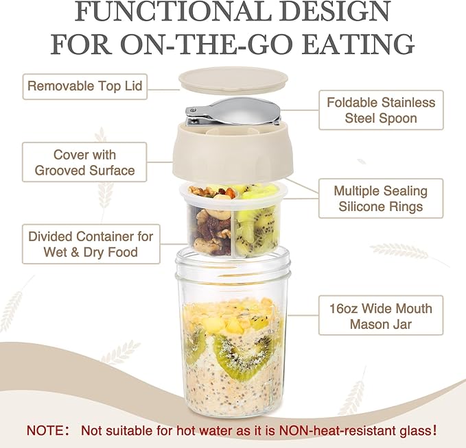 SOLIGT 2 Pack Overnight Oats Containers with Lids, Folding Spoons and Divided Compartments for Fruit & Nuts, Small Glass 16oz Mason Jars for Oatmeal Yogurt Parfait (2 Set-Oat White/Oat White)