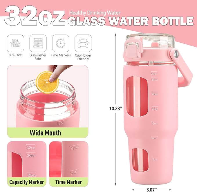 BLUEGO 32oz Glass Tumbler with Lid and Handle, Iced Coffee Cup with Straws, Glass Water Bottle with Silicone Sleeve and Volume, Marker Glass Cup with Time Marking, BPA Free, Pink