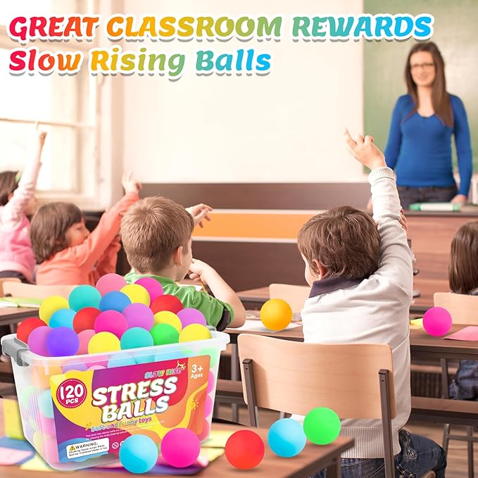 120 Pack Stress Balls, Slow Rising Stress Balls for Kids Adults, Stretchy Fidget Ball for Stress Relief, Hand Therapy Sensory Squishy Ball, Classroom Prize Box Party Favors