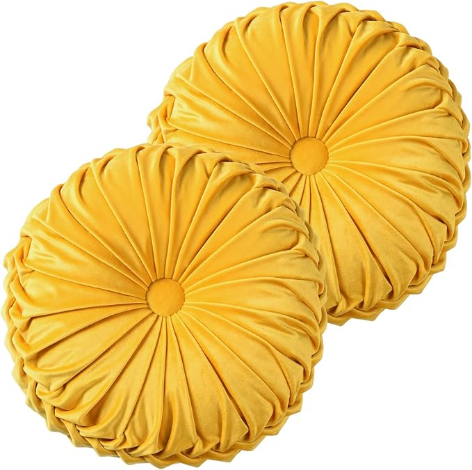 HIG Set of 2 Decorative Round Pleated Throw Pillows, Classy Accent Pumpkin Throw Pillows with Center Button, Vintage Velvet Floor Pillow for Sofa Couch Vanity Chair Bed, Yellow, 14.5" Diameter(RIPPLE)