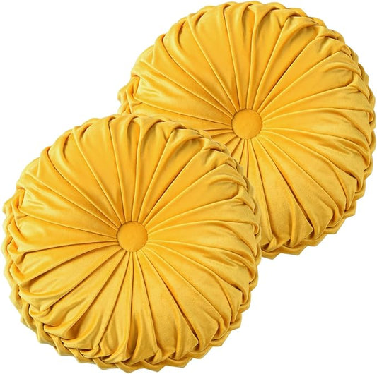 HIG Set of 2 Decorative Round Pleated Throw Pillows, Classy Accent Pumpkin Throw Pillows with Center Button, Vintage Velvet Floor Pillow for Sofa Couch Vanity Chair Bed, Yellow, 14.5" Diameter(RIPPLE)