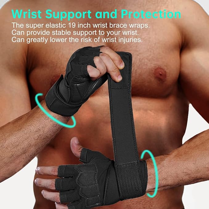 Mens Workout Gloves for Weight Lifting - Exercise Gloves for Men Women With Wrist Wrap Support, Palm Protection and Grips - Sport Daily Use