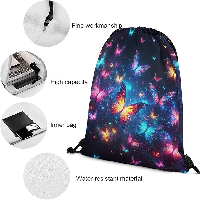 Butterfly Drawstring Backpack - Cute Cinch Sack, String Backpacks for Kids Boys Girls Women Men for Gym Outdoor Sports Travel Athletic Drawstring Bag - Lightweight/Foldable