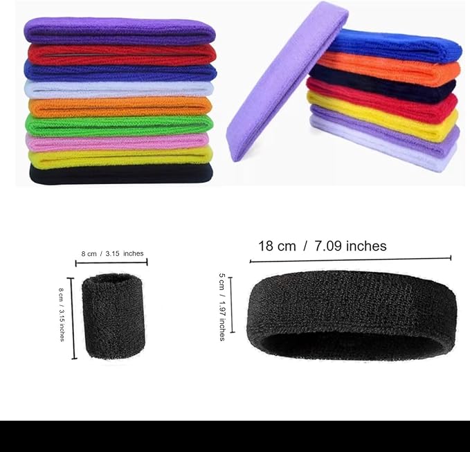 24 Pcs Neon Sweatbands Set Include 8 Pcs Sports Headband and 16 Pcs Cotton Wristbands 80s Neon Sweat Bands Bulk for Gym, Tennis, Basketball, Running, Exercise
