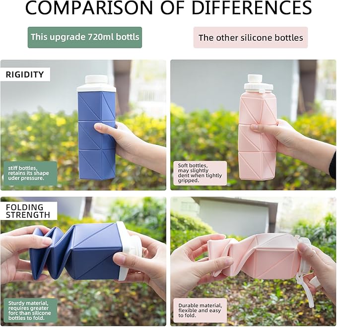 24oz Collapsible Water Bottles,Food grade BPA Free Reusable Foldable Water Bottle Lightweight LeakProof for Travel Hiking Camping Cycling Outdoor Sports,Collapses Folding Water Bottle,Green