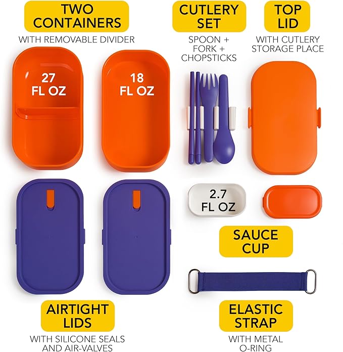 Insulated Stackable Bento Box for Adults with Reusable Chopsticks Japanese Lunch Box Microwavable & Leak Proof Lunch Containers for Men & Women Modern Cute Food Container with Compartments (Orange)