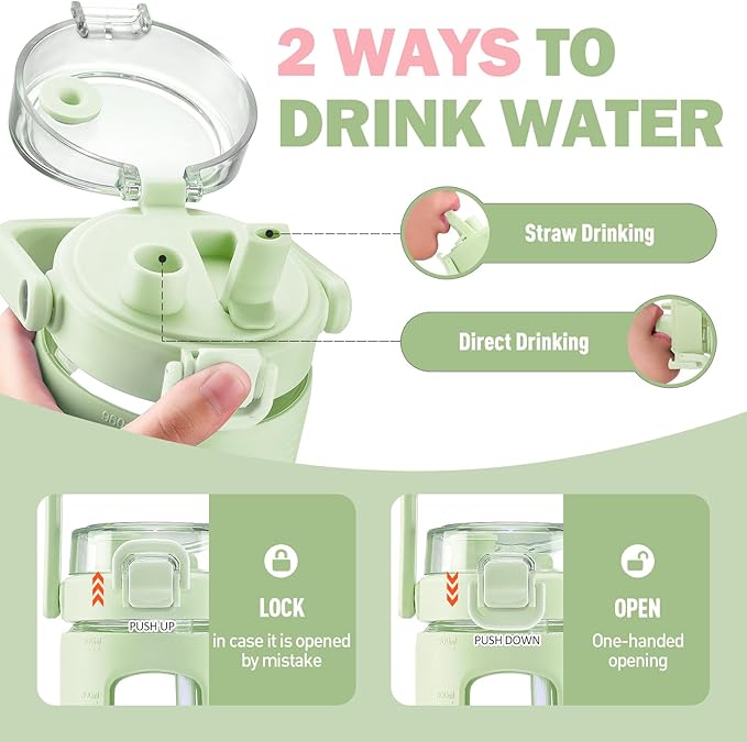 BLUEGO 32oz Glass Water Bottles with Straw Time Marker Half Gallon Large Motivational Water Bottle with Silicone Sleeve 2 Liter Large Glass Water Jug for Gym, Sports& Workout, Daily, Green