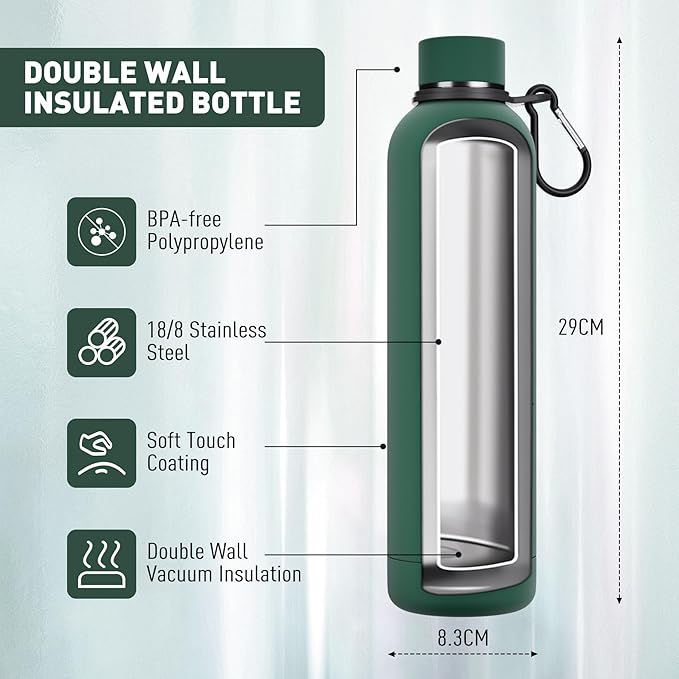 Slim Insulated Water Bottles for Travel 32oz with Clip, Double Wall Vacuum Stainless Steel Water Bottle Keeps Drinks Cold 24 Hrs/Hot 12 Hrs, 100% Leakproof, BPA Free(Emerald Green)