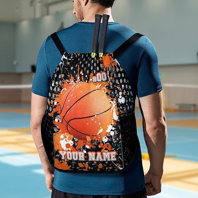 Custom Basketball Drawstring Backpack - Cool Cinch Sack, String Backpacks with Pocket for Kids Women Men Boys Girls for Gym Outdoor Sports Travel Athletic Drawstring Bag - Lightweight/Foldable