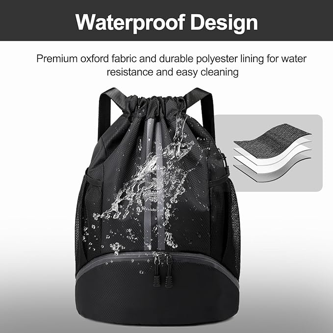 Hoedia Sports Drawstring Backpack - String Swim Gym Bag with Shoes Compartment and Wet Proof Pocket for Women&Men