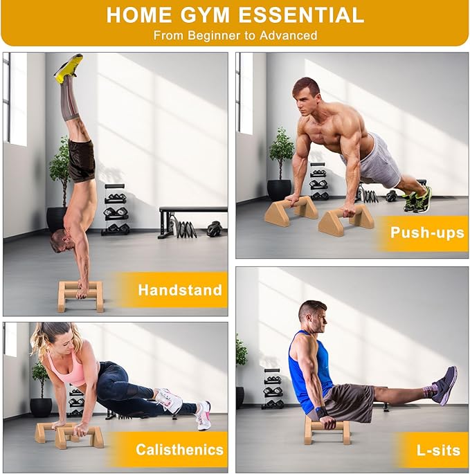 Kipika All-Wood Push Up Bars - 4" Beech Wood Push-up Handles for Floor, Non-Slip Rubber Base, Triangular Pushup Stands, Home Gym Fitness Equipment Perfect for Dips, L-Sit, Strength Training