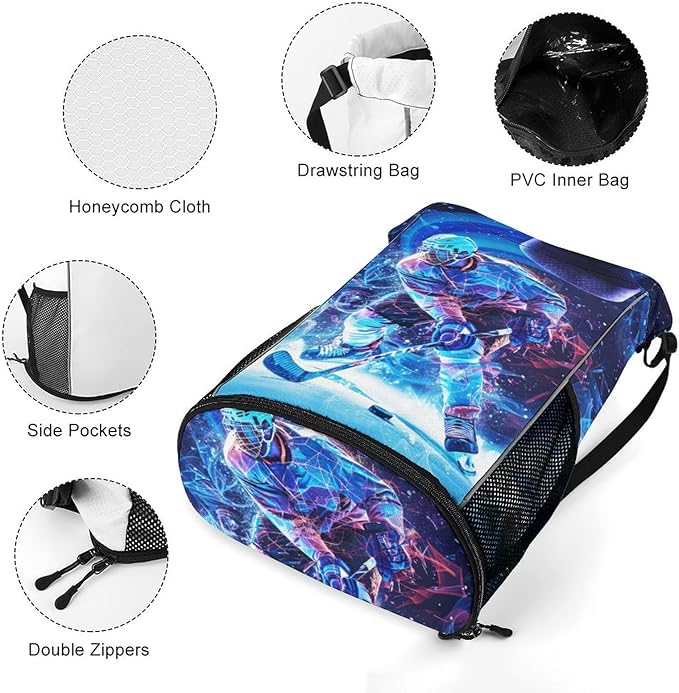 Hockey Drawstring Backpack - Cool Cinch Sack, String Backpacks with Pocket for Kids Women Men Boys Girls for Gym Outdoor Sports Travel Athletic Drawstring Bag - Lightweight/Foldable