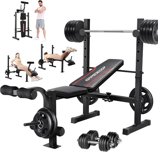 OPPSDECOR Weight Bench Set, Multi-Function Adjustable Bench Press with Squat Rack Leg Extension & Leg Curl Workout Bench Foldable Workout Bench Flat/Incline/Decline Upgrade Weight Benches for Home Gym