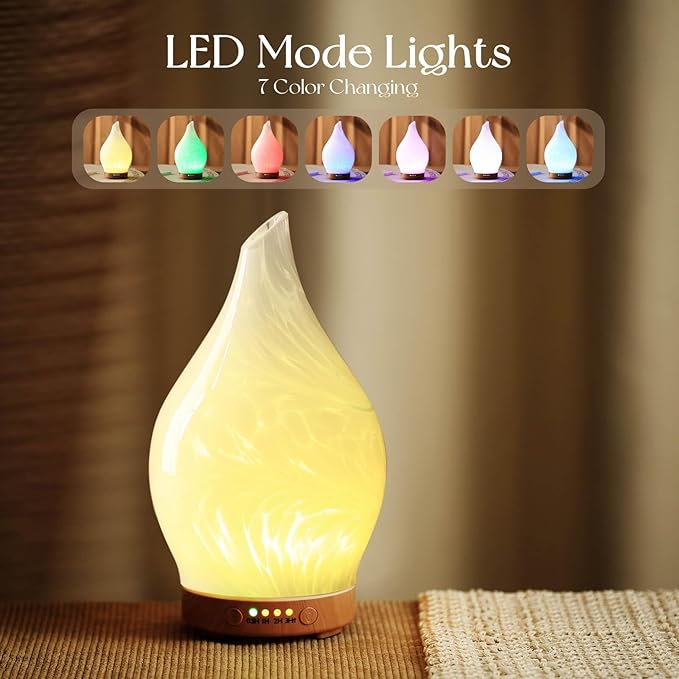 Porseme 150ml Essential Oil Diffuser Glass Color Changing Aroma Air Diffusers Aromatherapy Ultrasonic Cool Mist Humidifier 6 Running Hours Waterless Auto-Off for Sleeping Yoga Office Spa (White Wave)