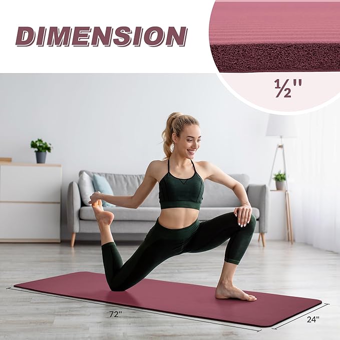 Quality Exercise Yoga Mat, 1/2-Inch Thick High-Density Foam for Full-body workout, Anti-Tear and non-slip Surface, Includes Carry Strap for Home & Studio Workouts,Multiple Options