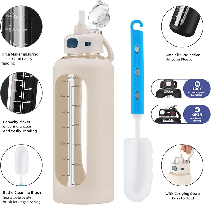 SIEROZUR 32 Glass Water Bottle with Straw and Handle Motivational Water Bottles with Silicone Sleeve and Time Marker Leakproof Borosilicate Water Bottle for Gym Home Office
