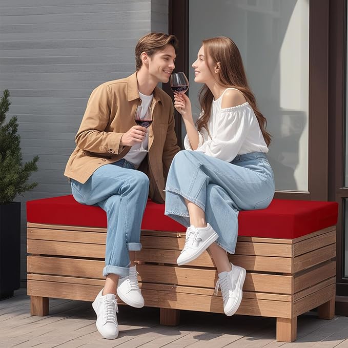 idee-home Outdoor Bench Cushion Waterproof, Bench Cushions for Outdoor Furniture, Patio Porch Swing Replacement Seat Pad with Ties for Garden Backyard, 59 x 18 Inch Red