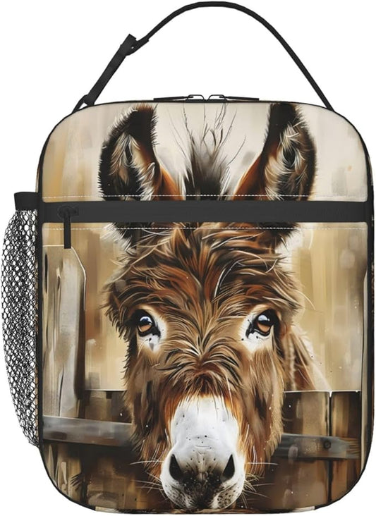 Cute Donkey Lunch Box for Women Girls Kids, Insulated Cooler Rustic Farm Donkeys Lunch Bag for School, Picnic, Office, Work, Travel, Portable Polyester Thermal Reusable Tote Lunch Bags