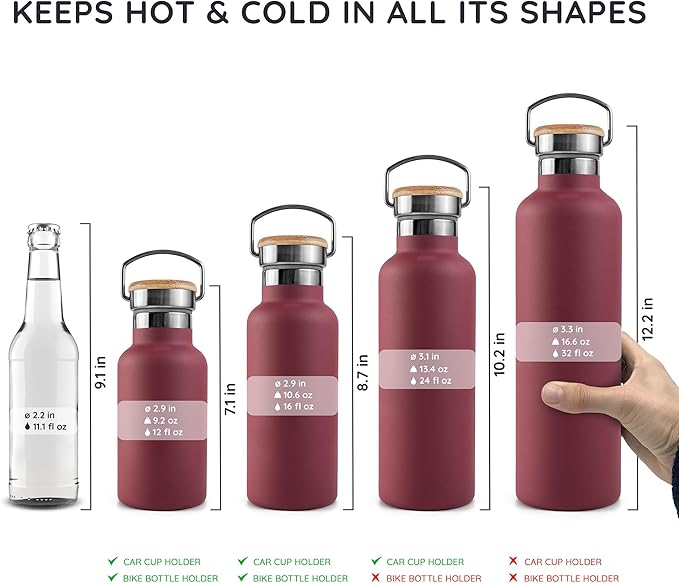 Bambaw 32 oz Water Bottle, Red Insulated Water Bottle, Large Water Bottle Insulated, Stainless Steel Water Bottle, Metal Water Bottle with Handle, 1 Liter Stainless Steel Water Bottle – Red Berry