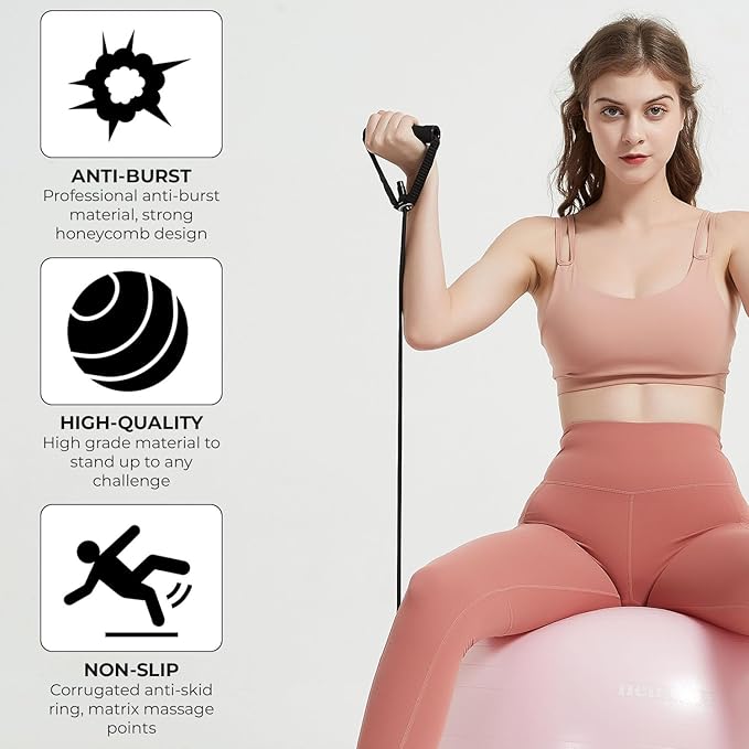 Exercise Ball Chair with Resistance Bands, Yoga Ball Office Chair with Stability Base for Home Gym, Workout Ball for Fitness, Large Size 65 cm