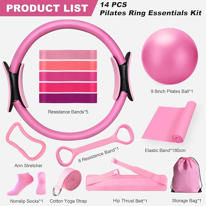 Home Pilates Essentials Kit for Women, Pilates Equipment Ring and Ball Set, Magic Circle with Booty Bands, Figure 8 Resistance Band, Hip Thrust Belt & Accessories, Toning Fitness Starter Set