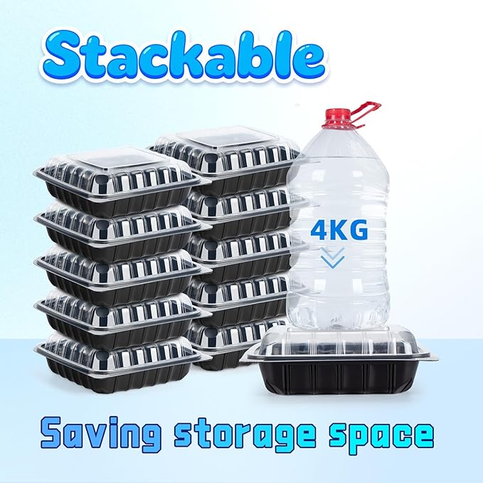 YANGRUI Takeout Containers 8" 34 oz 25 Pack - Steam Resistant Clamshell Lid | Shrink Wrap BPA Free PP Plastic | Reusable Heavy Duty Freezer & Microwave Safe | Restaurant 3 Compartment Food Container