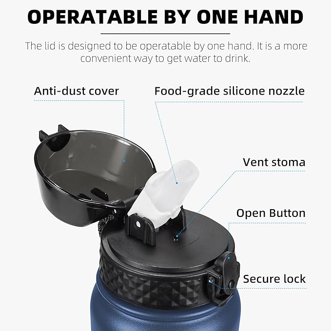 Fanhaw 32 Oz Stainless Steel Insulated Sports Water Bottles with Straw for Kids, Men and Women (Navy Blue)