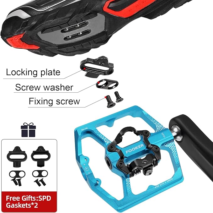 FOOKER MTB Mountain Bike Pedals, Dual Function Flat and Pedal,3 Sealed Bearing Flat Platform Compatible with Clipless Pedal Aluminum 9/16" Pedals with Cleats for Road Mountain BMX MTB