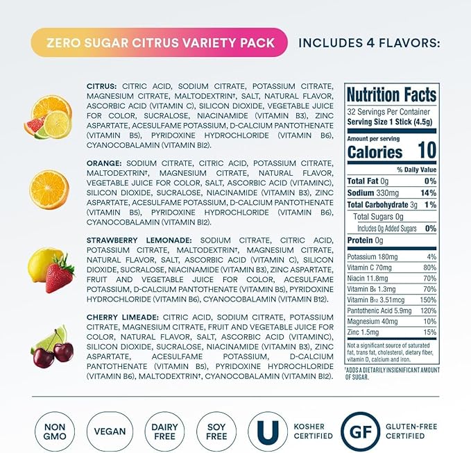 DripDrop Sugar Free Hydration Packets - Zero Citrus Variety Pack - Single Serve Electrolytes Powder Drink Mix - Cherry Limeade, Citrus, Orange, Strawberry Lemonade - Non-GMO, Gluten Free - 32 Sticks